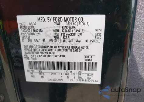 2012 Ford F-150 Xlt из США, поврежденный, VIN 1FTFX1CF3CFB20498